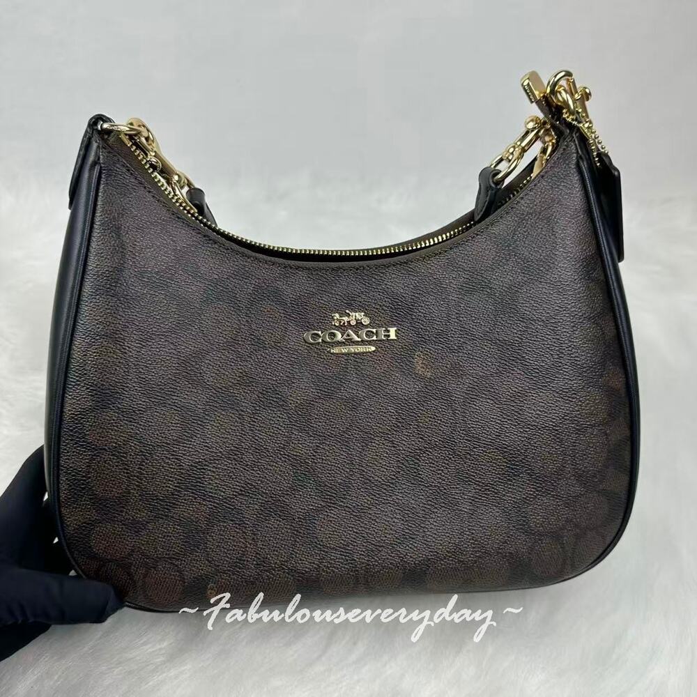 Coach Teri Hobo Bag Crossbody In Signature Canvas/Gold/Walnut/Black CV940 NWT - Picture 2 of 11